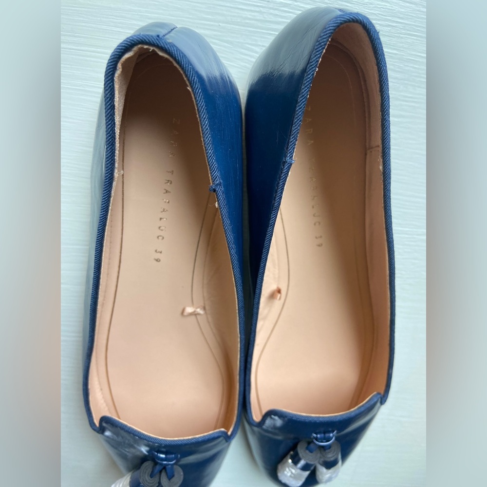 NEW ZARA Trafaluc navy blue tasseled ballet flats - Picture 7 of 11